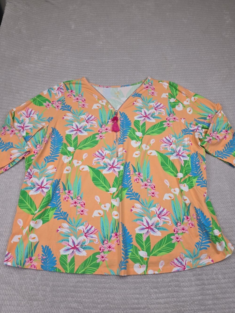 Belle By Kim Gravel Shirt Womens 4X Orange Half Sleeve Floral Print